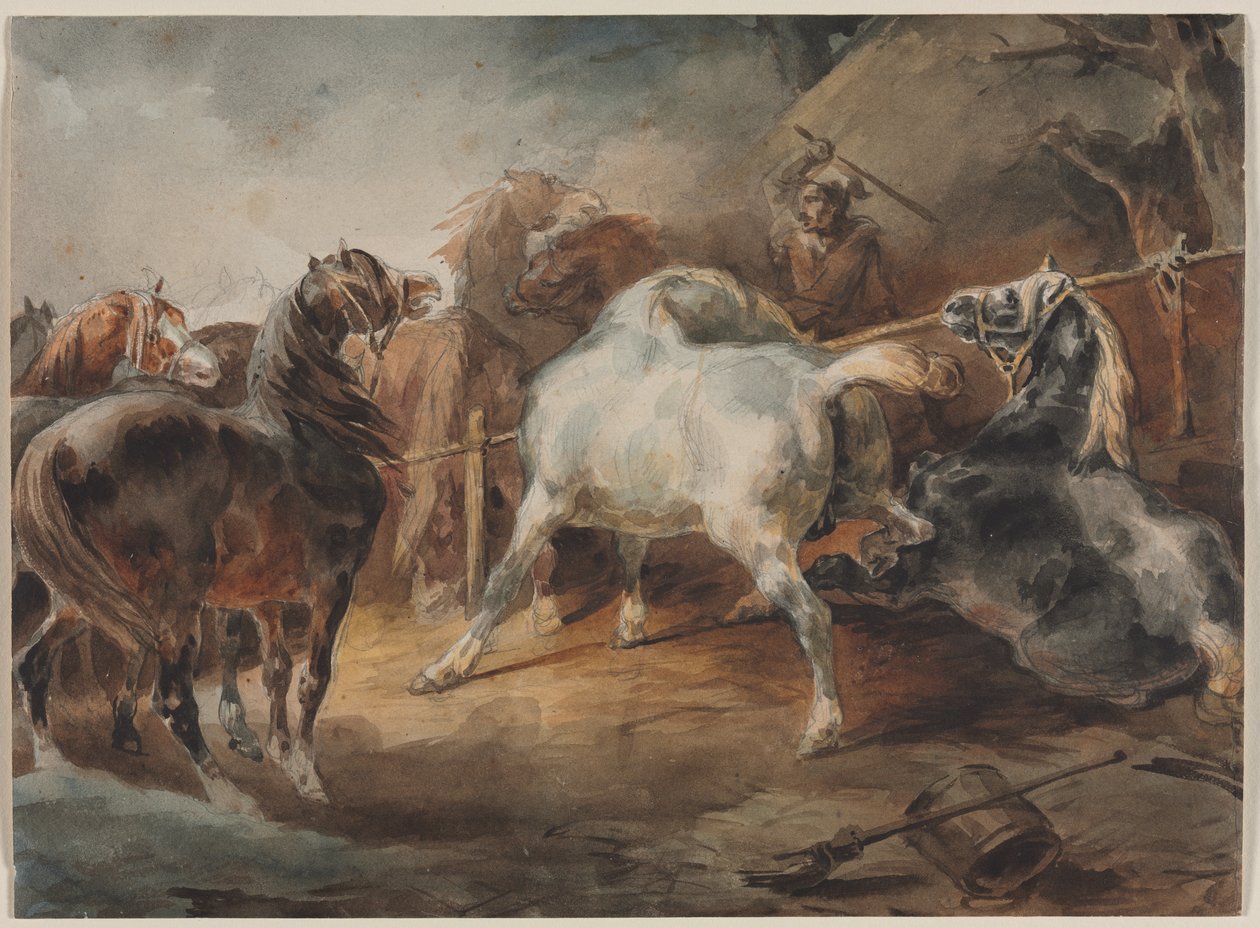Harci lovak, 1820 körül (akvarell grafit felett, papíron) alkotó: Theodore Gericault