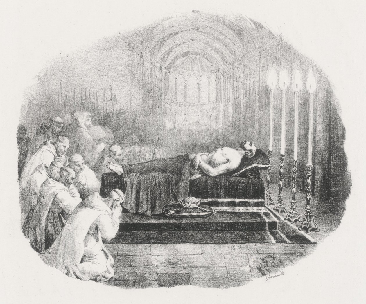 Hódító Vilmos, akit halála után a Boscherville-i templomba szállítottak (Hódító Vilmos nyilvános ravatalozása a Boscherville-i Szent György-apátsági templomban) alkotó: Theodore Gericault
