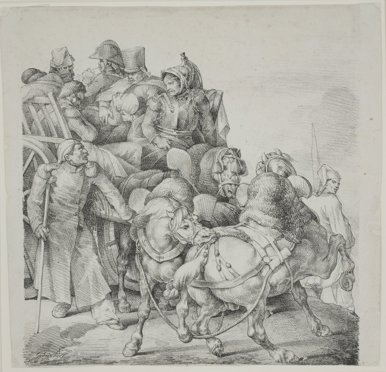 Lóvontatású szekér tele sebesült katonákkal, C. Motte litográfiája alkotó: Theodore Gericault