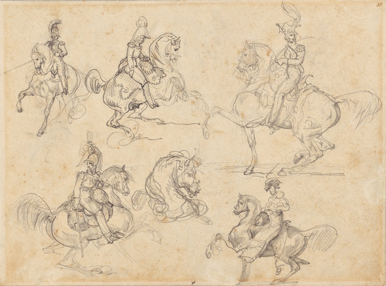 Lovak és lovasok (recto); lovak (verso) alkotó: Theodore Gericault