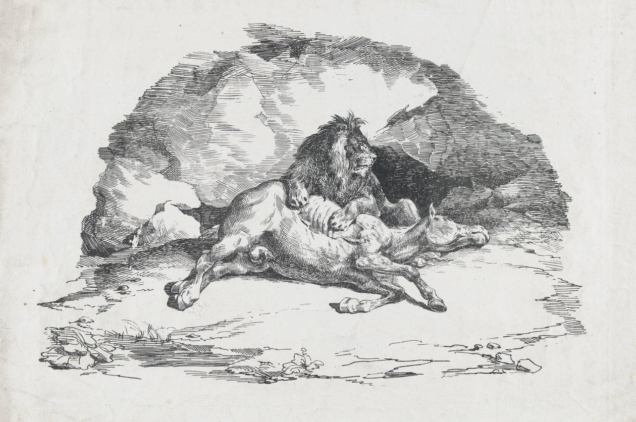 Oroszlán felfal egy lovat, 1818. alkotó: Theodore Gericault