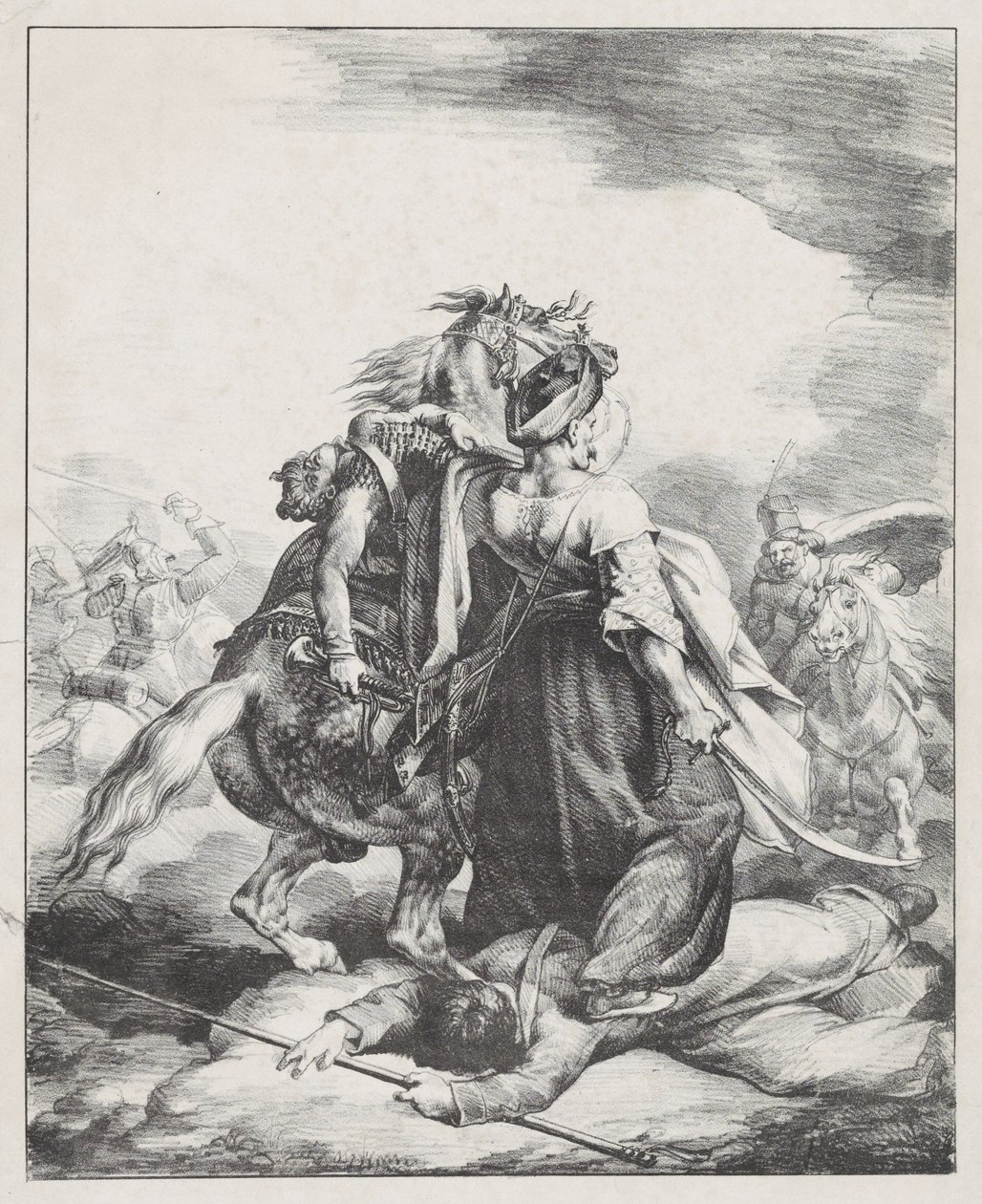 A császári gárda egyik mamelukja megvédi a sebesült trombitást egy kozák ellen (Egy egyiptomi mameluk megvédi a sebesült francia trombitást Waterloo-nál) alkotó: Theodore Gericault