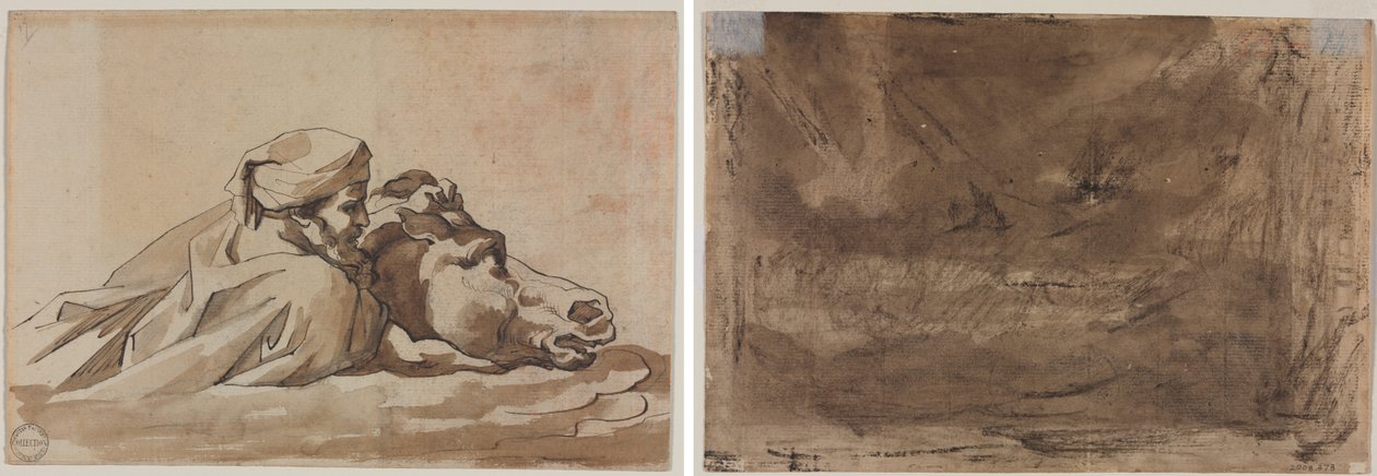 Ember, aki lovat szorongat a vízben, Poussin „Özönvize” után (recto); Kompozíciós tanulmány? (talán a "Poussin