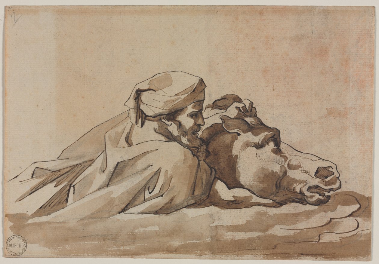 Lovat a vízben szorongató férfi, Poussin "Özönvíz" című képe után (recto), 1816 körül (grafitra írt toll és barna tinta, valamint ecset és barna tus). alkotó: Theodore Gericault