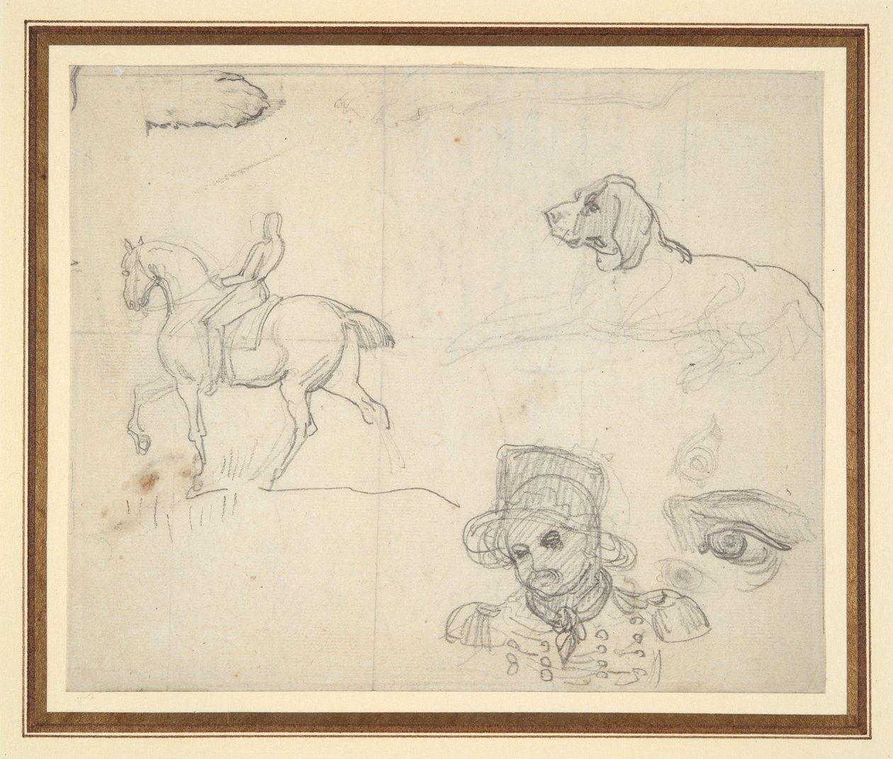 Vázlatlap (lovas, kutya, katona feje) alkotó: Theodore Gericault