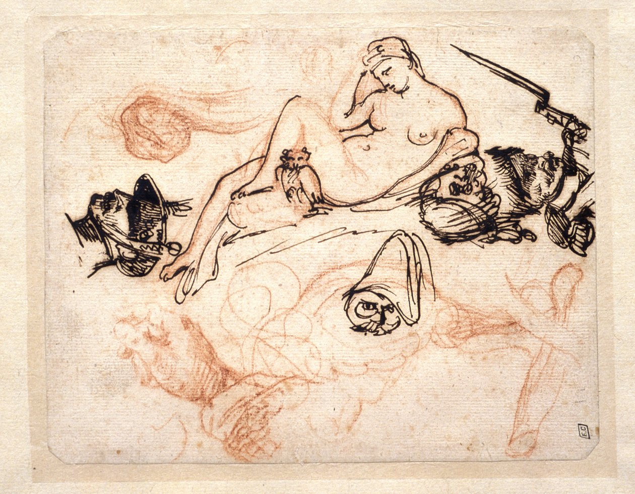 Tanulmánylap Michelangelo „Éjszaka” című művével, egy gránátossal és más vázlatokkal alkotó: Theodore Gericault