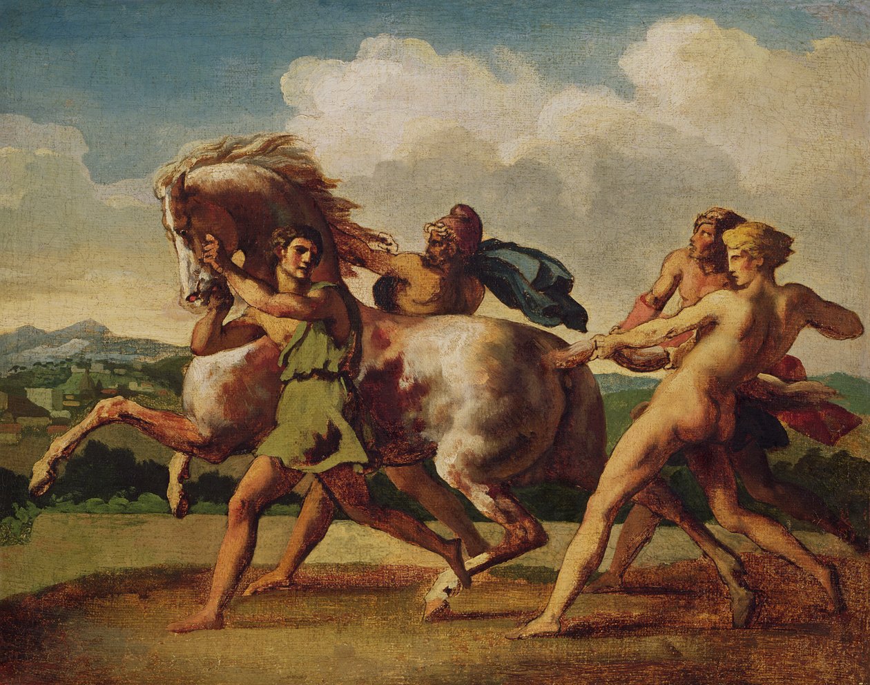 Rabszolgák, akik megállítanak egy lovat, tanulmány a „Barbár lovak versenyéhez”, 1817 alkotó: Theodore Gericault