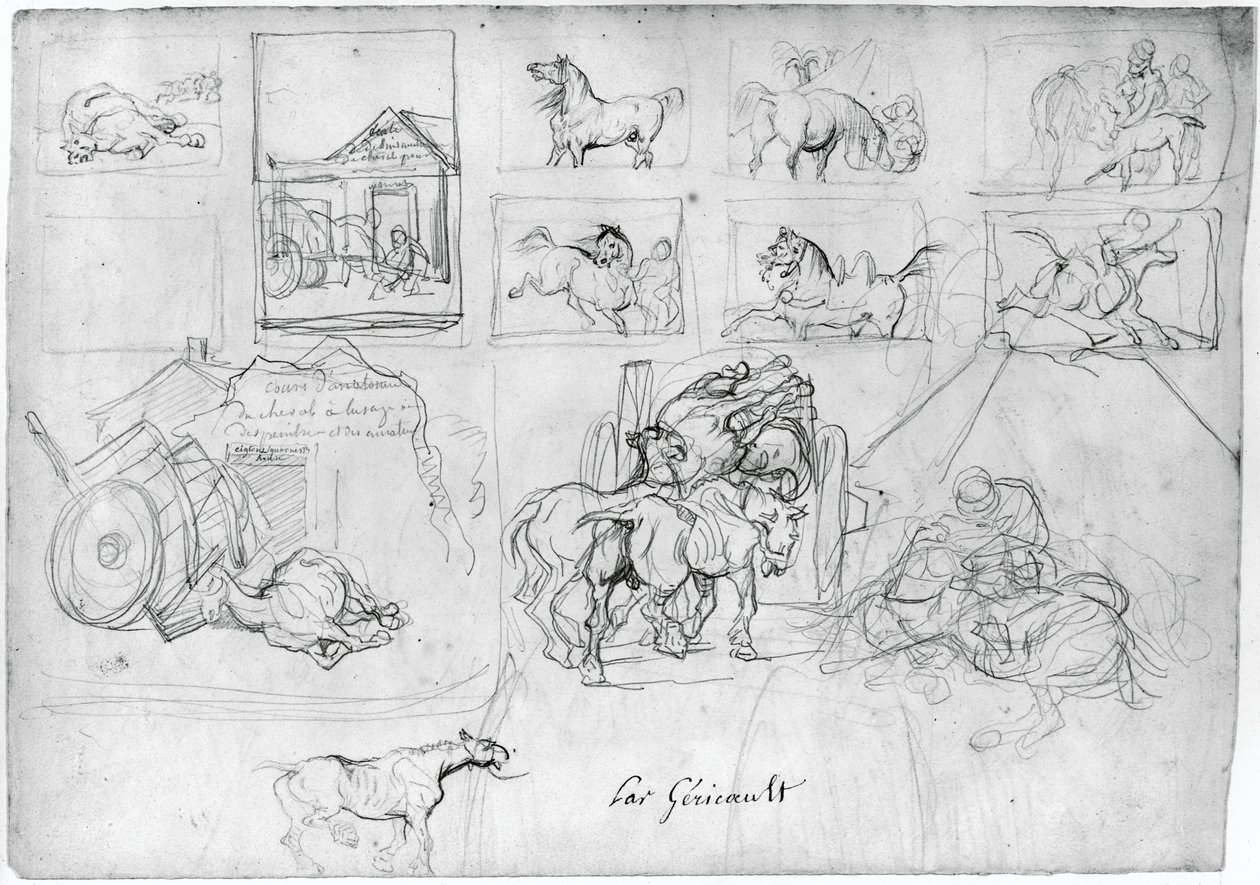 Lóábrázolás (előlap); Szekér, amelyet egy táblát tartó ember követ (hátlap) alkotó: Theodore Gericault