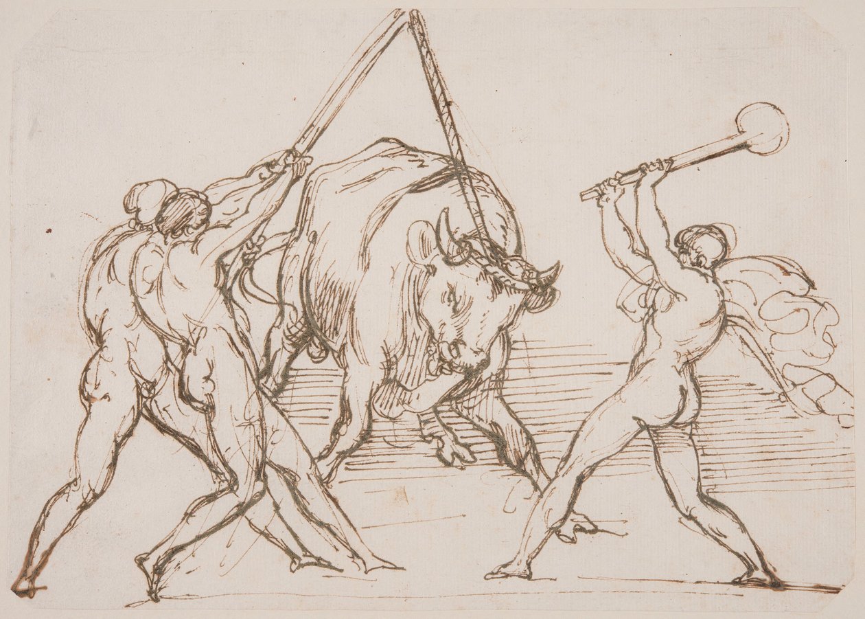Három férfi, akik egy bikát ugratnak alkotó: Theodore Gericault