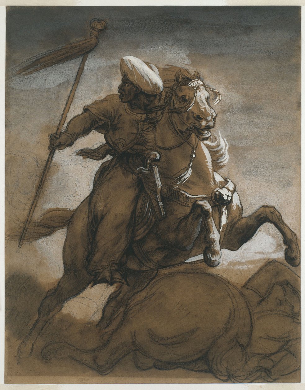 Török lovag harcban, 1818 körül (barna mosás, papíron gouache-val kiemelve) alkotó: Theodore Gericault