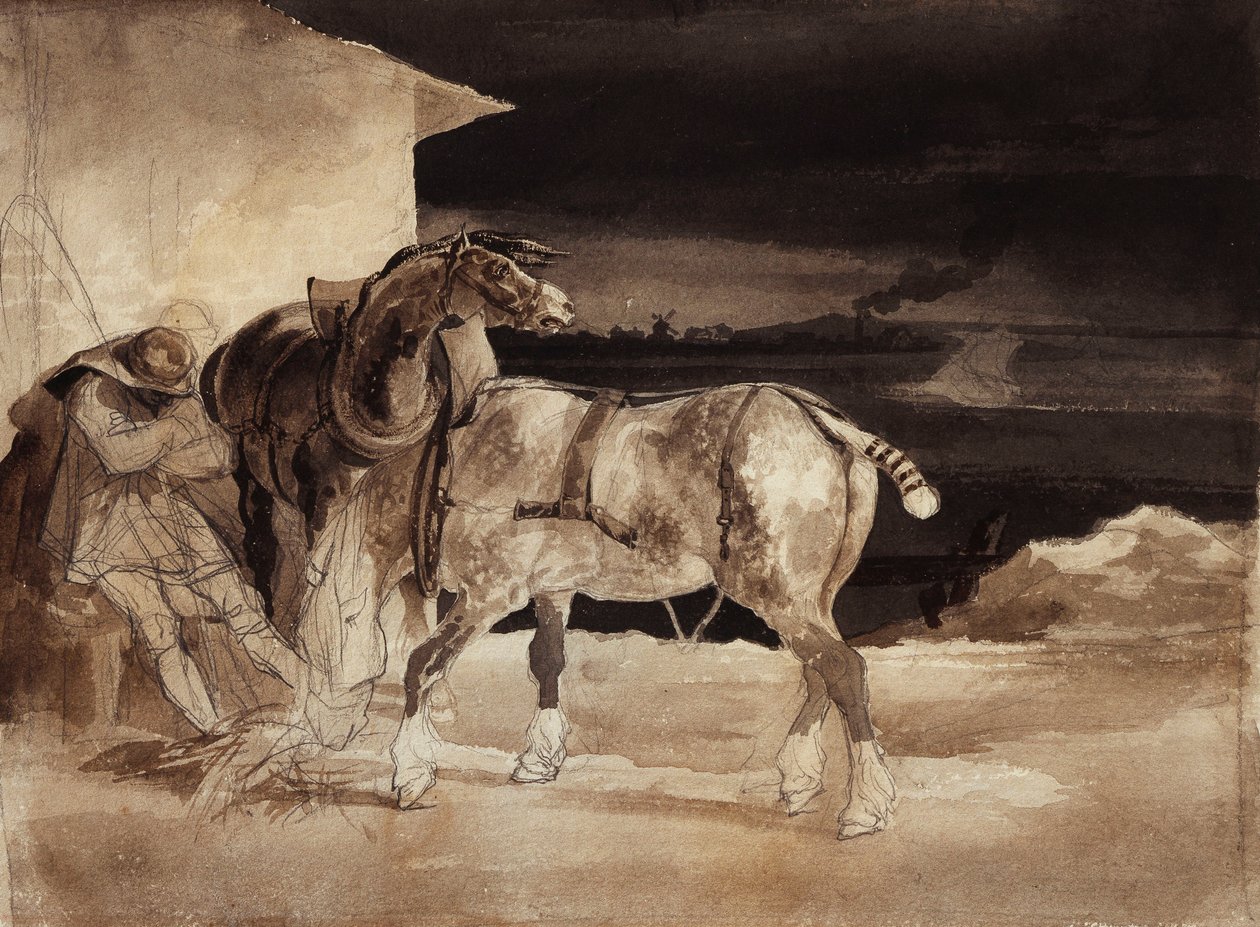 Két ló és egy alvó vőlegény, 1822-1823 körül alkotó: Theodore Gericault