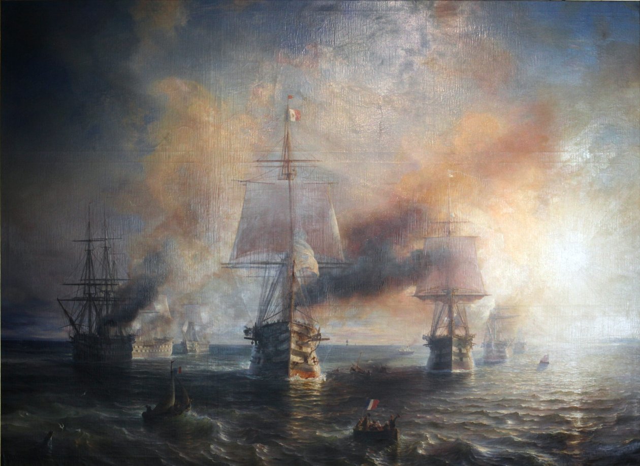 Franciául:  La flotte française se rendant de Cherbourg à Brest, 1858 A francia flotta Cherbourgból Brestbe hajózik, 1858 alkotó: Theodore Gudin