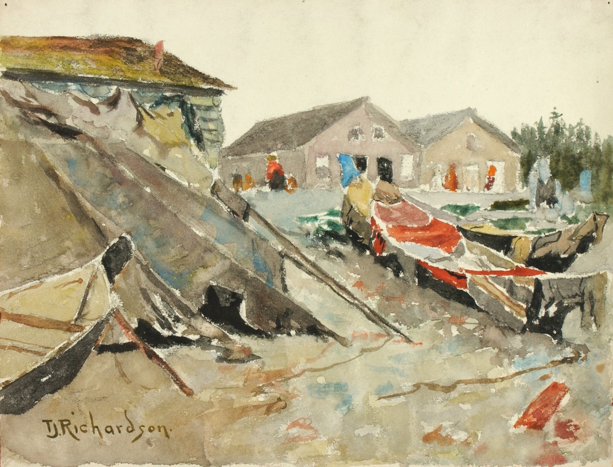 Takarók szárítása kenuk felett, kb. 1890-1914. alkotó: Theodore J. Richardson