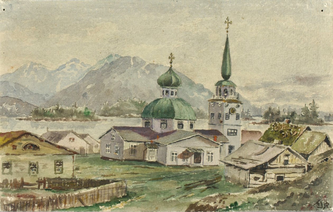 A görög templom hátulnézete, Sitka, 1888. alkotó: Theodore J. Richardson