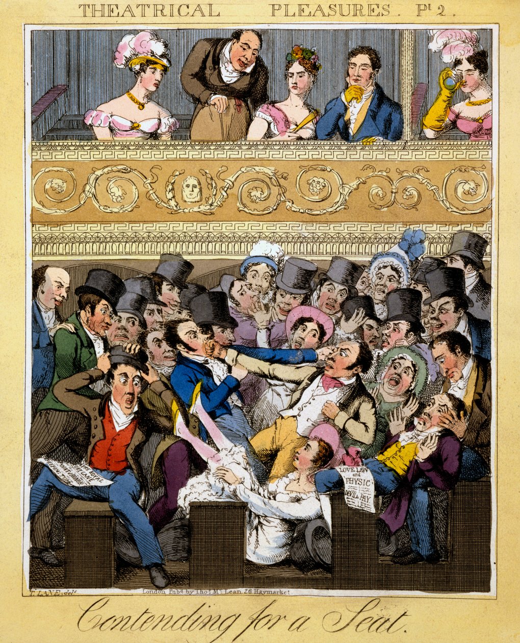 Verseny az ülésért, 2. tábla a „Színházi élvezetekből”, 1827 (kézzel színezett metszet) alkotó: Theodore Lane