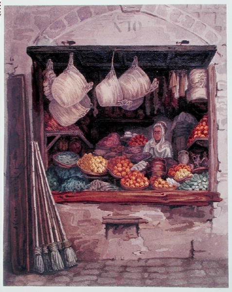 Gyümölcsöt és zöldséget árusító nő, Algír, 1835 körül (akvarell, papír) alkotó: Theodore Leblanc