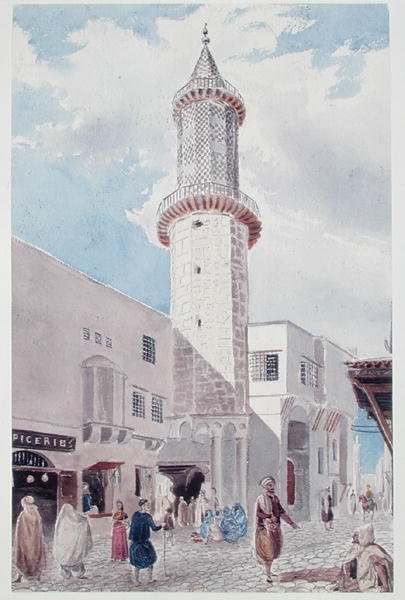 A mecset minaretje a Rue de Chartres-on és a Rue Bab-Azoun-on, Algír (akvarell papíron) alkotó: Theodore Leblanc