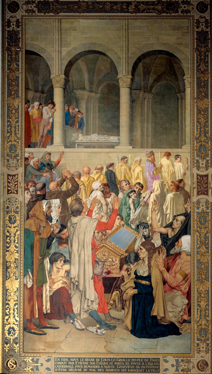 VI. Lajos király azt mondta, hogy a grosok (1081-1137) és a párizsiak az eveque Etienne vezetésével védelmet kértek Sainte Genevieve-től, a város védőszentjétől a lelkesek gonoszsága (vagy ergotizmusa) ellen 1130-ban Theodore Maillot festménye ( 1826-1898) alkotó: Theodore Pierre Nicolas Maillot