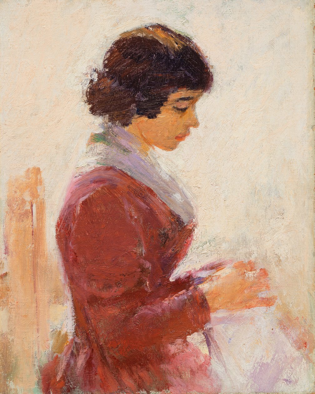 Piros ruhás lány, varr, alkotó: Theodore Robinson