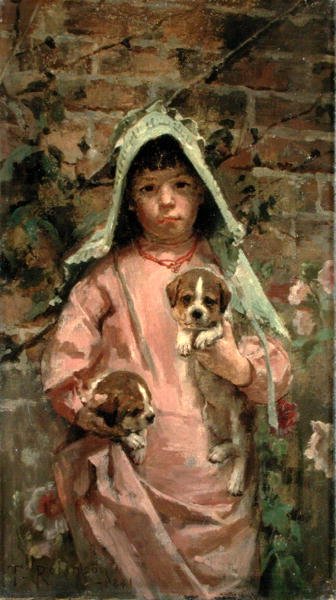 Lány kiskutyákkal alkotó: Theodore Robinson