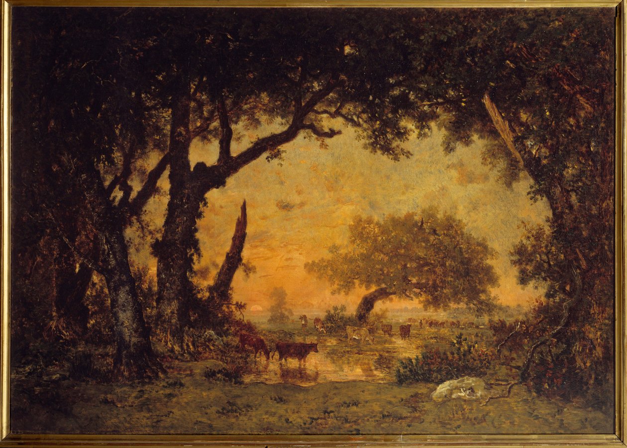 Kijárat az erdőből Fontainebleau-ban, naplemente Theodore Rousseau festménye (1812-1867) 19. század V. 1,42x1,97 m alkotó: Pierre Etienne Theodore Rousseau