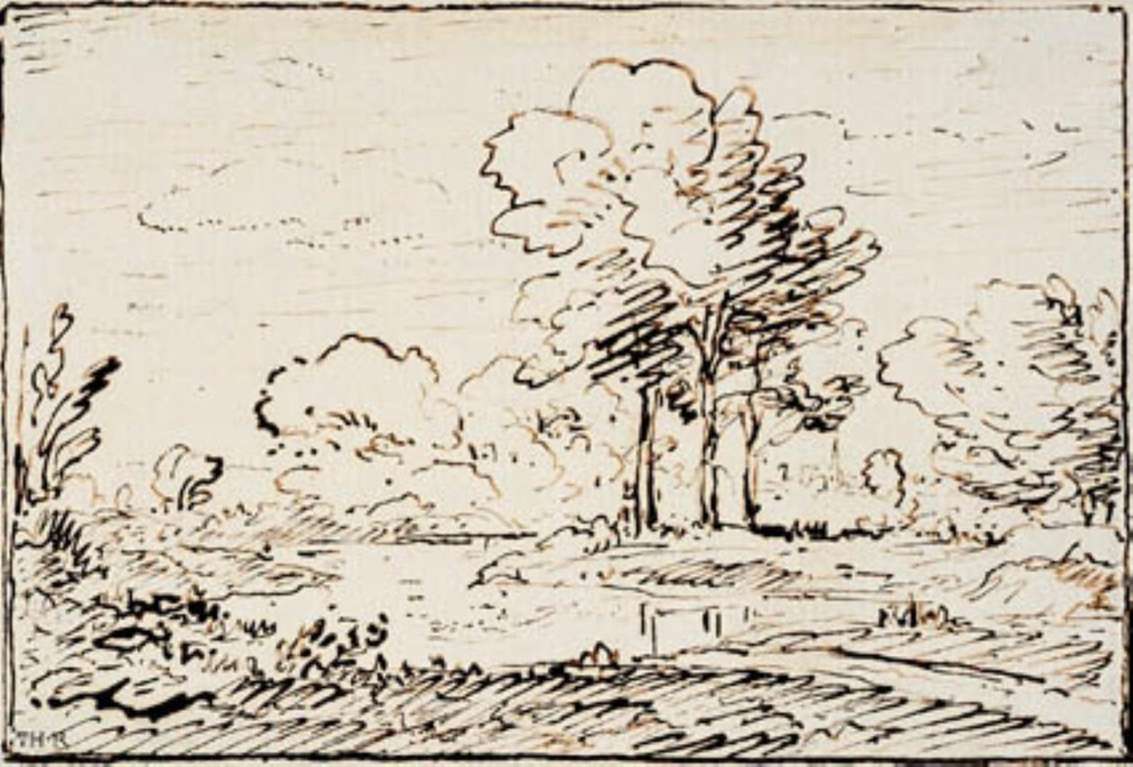 Táj három magas fával a folyóparton alkotó: Theodore Rousseau