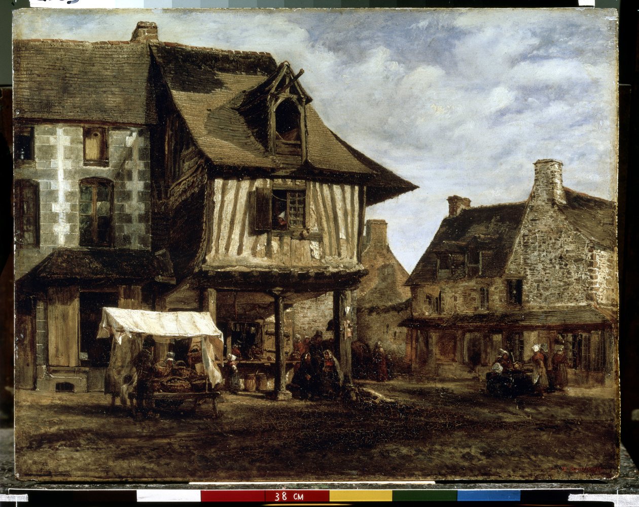 Piactér Normandiában (favázas házak) (Market place in the Normandy). Theodore Rousseau (1812-1867) festménye. Olaj, fa, 29,5 x 38 cm, 1830 körül. Francia művészet Barbizonból. Ermitázs Múzeum, Szentpétervár. alkotó: Theodore Rousseau