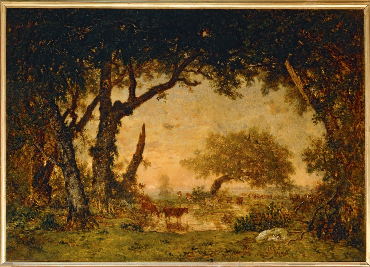 Kilépés az erdőből Fontainebleau-nál, naplemente... alkotó: Theodore Rousseau