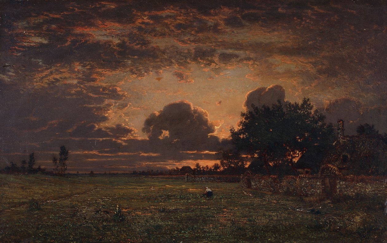 Naplemente a Barbizon-síkság felett, alkotó: Pierre Etienne Theodore Rousseau