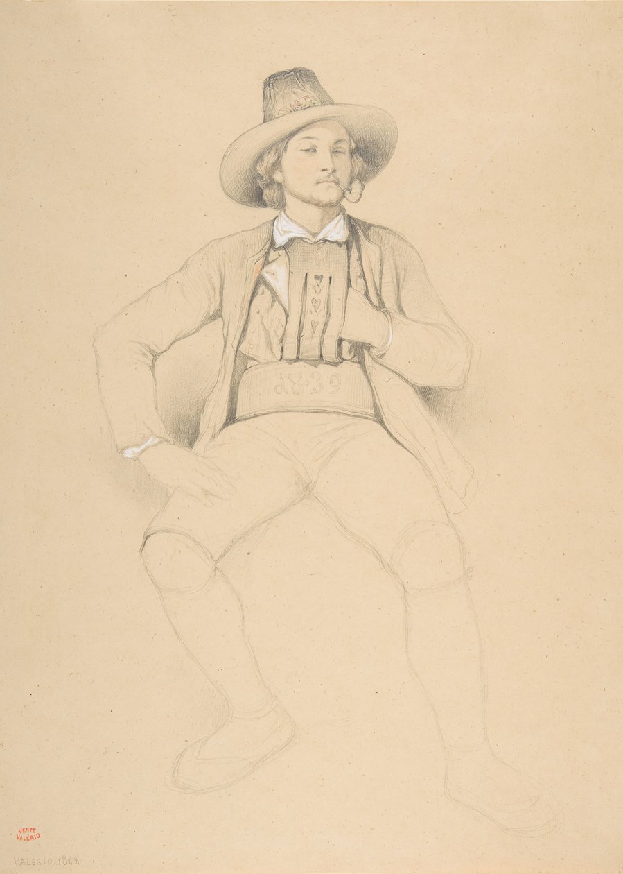Egy tiroli jelmezben lévő férfi, ülve, pipázva, 1842. alkotó: Theodore Valerio