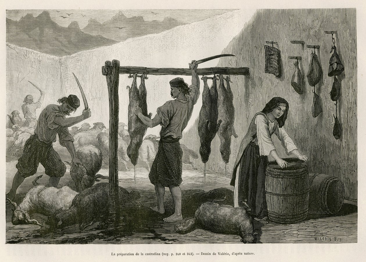 A castradina, a juh- és kecskehús specialitása, a sózott és bucanee elkészítése október vége felé Dalmáciában (Isztria és Hercegovina (Horvátország)), Valerio rajza a montenegrói utazás szemléltetésére, 1874-ben, Károly Yriarte alkotó: Theodore Valerio