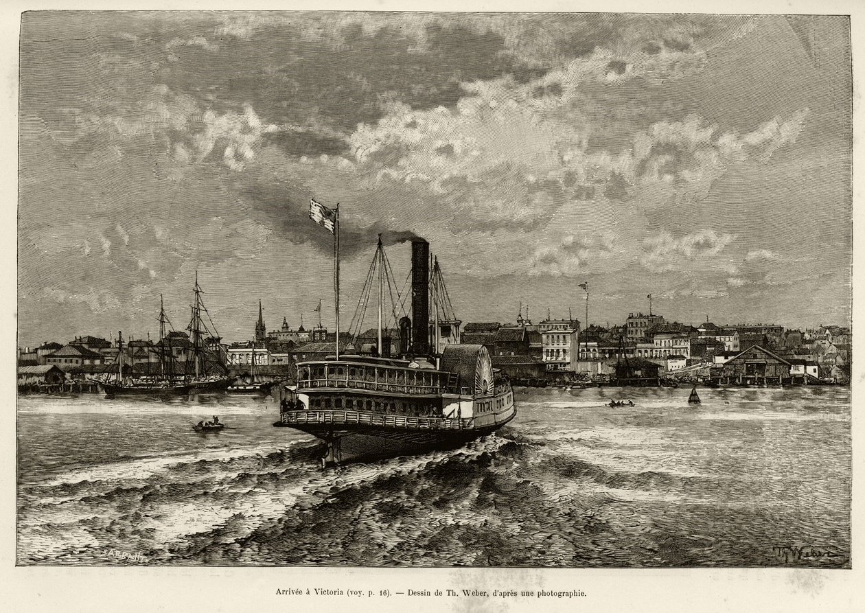 Érkezés a kanadai Victoria-ba. Th.Weber metszet, E.Cotteau „A Transcanadien és Alaska” című történetének illusztrálására, 1890-ben a Le tour du monde, nouveau Journal des voyages, Edouard Charton (1807-1890) szerkesztője, 1891. 2. félév , kiadás Hachet alkotó: Theodore Weber