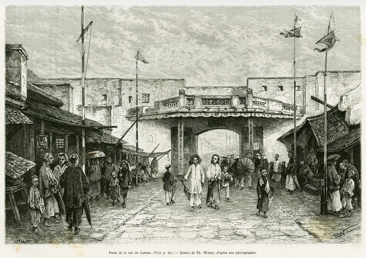 Canton Street Gate Hanoiban. Metszete Th. Weber, fényképről, hogy illusztrálja a Trente mois au Tonkin című történetet 1884-ben, Doctor Hocquard tour du monde 1889-ben Edouard Charton (1807-1890) irányításával, Hachette, Párizs. alkotó: Theodore Weber