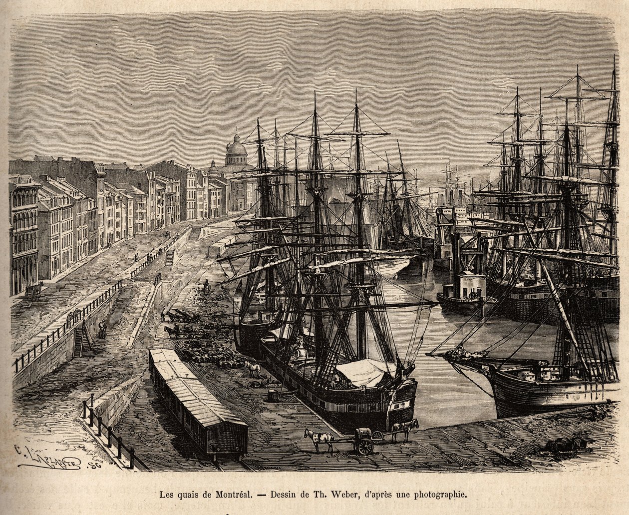 Les quais de Montreal, metszet Th. rajza alapján. Weber, a kanadai és a Riviere Rouge du nord kirándulást illusztrálva, H. De Lamotte, 1873-ban, megjelent a "" Le tour du monde""" 1875-ben, szerkesztette Edouard Charton, Hachette kiadás, Párizs. Selv alkotó: Theodore Weber