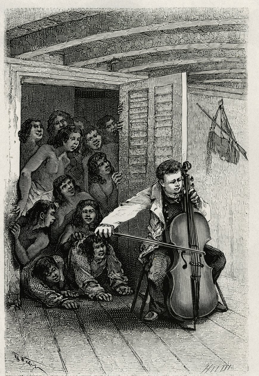 Az utazó szerző portréja, aki csellózik, és vonzza a kíváncsi közönséget. Th.Weber metszete a „Les Iles Wallis” című történet illusztrálására, Dr. Emile Deschamps, a 80. gyalogság őrnagyától. Megjelent: Le Tour du monde, nou alkotó: Theodore Weber