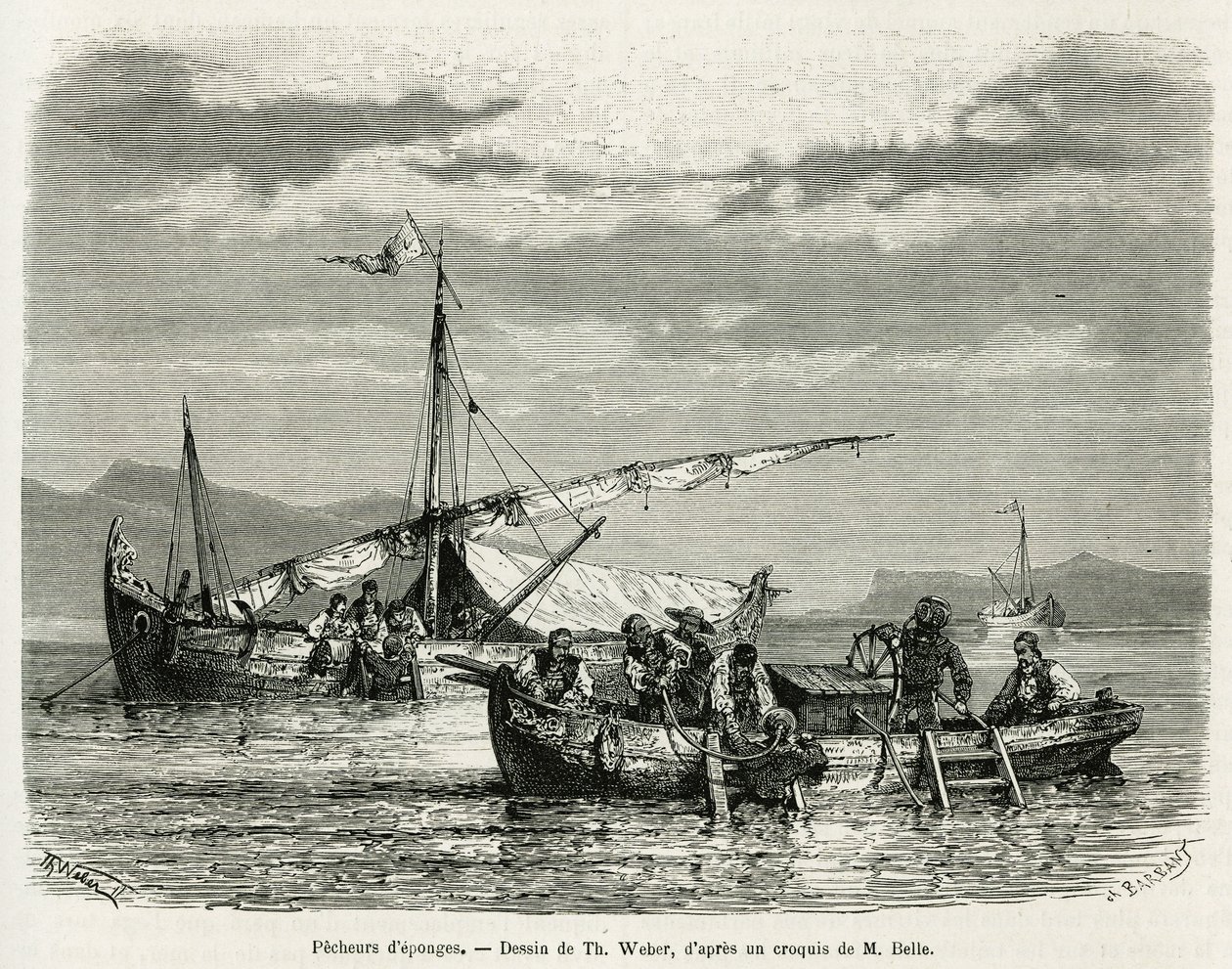 Szivacshalászok a Nafplio-öbölben, The. Weber, Henri Belle 1861-ben, 1868-ban és 1874-ben tett görögországi utazásának történetének illusztrálására. Gravírozás a Le tour du monde-ban alkotó: Theodore Weber