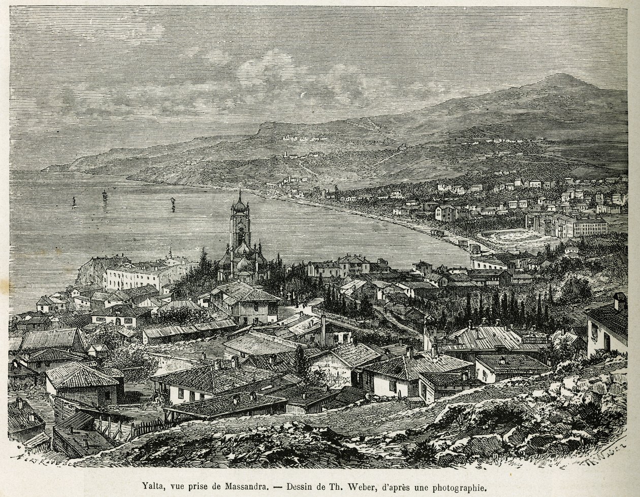 Jalta városa, Massandrából vett, Th.Weber rajza F. De Mely Négy hónap Oroszországban című 1876-os történetének illusztrálására. Gravírozás a Le tour du monde-ban alkotó: Theodore Weber