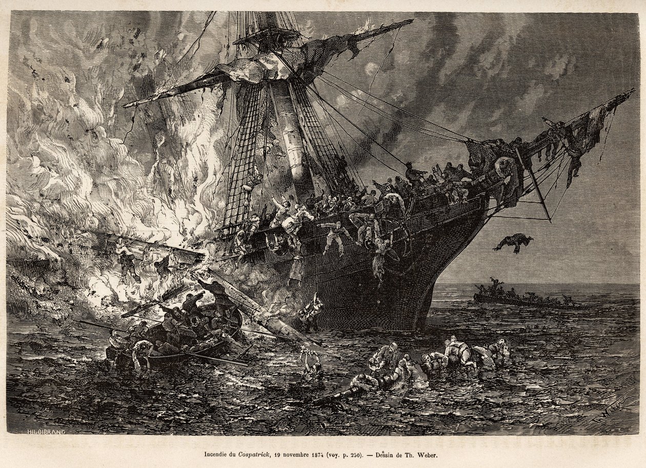 A Cospatrick, egy brit hajó, amely több mint 400 emigránst szállított Új-Zélandra, tüze 1874. november 19-én, T. Weber rajza után, amely a viharok és utazások tanulmányozását illusztrálja, Mr. Zurcher és Mr. Margolle. 1870-1874, megjelent: alkotó: Theodore Weber