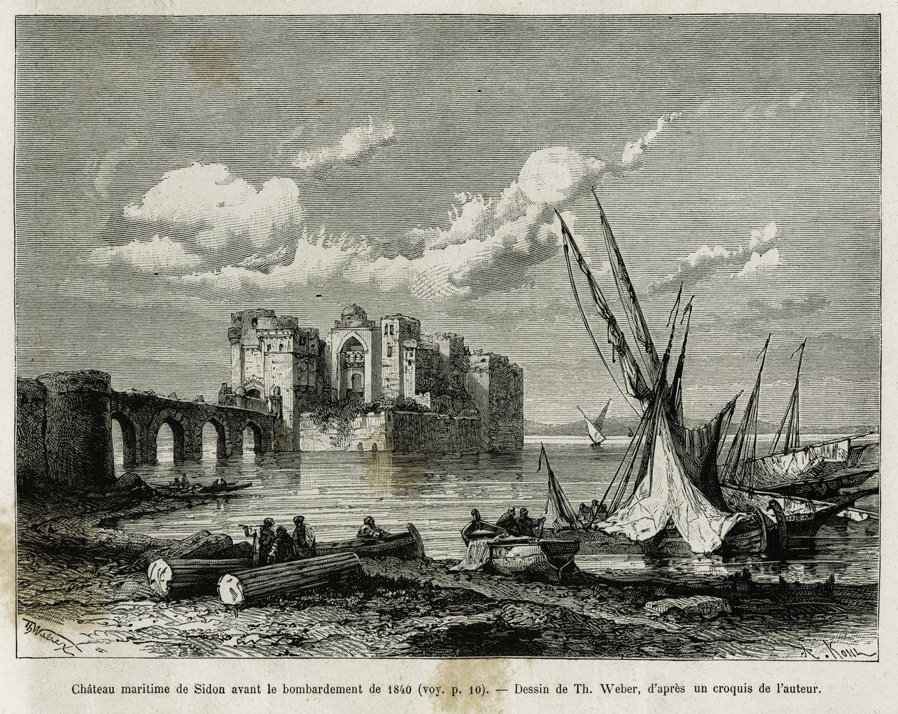Szidon tengeri vára az 1840-es bombázás előtt. Th. Weber, hogy illusztrálja a La Syria d