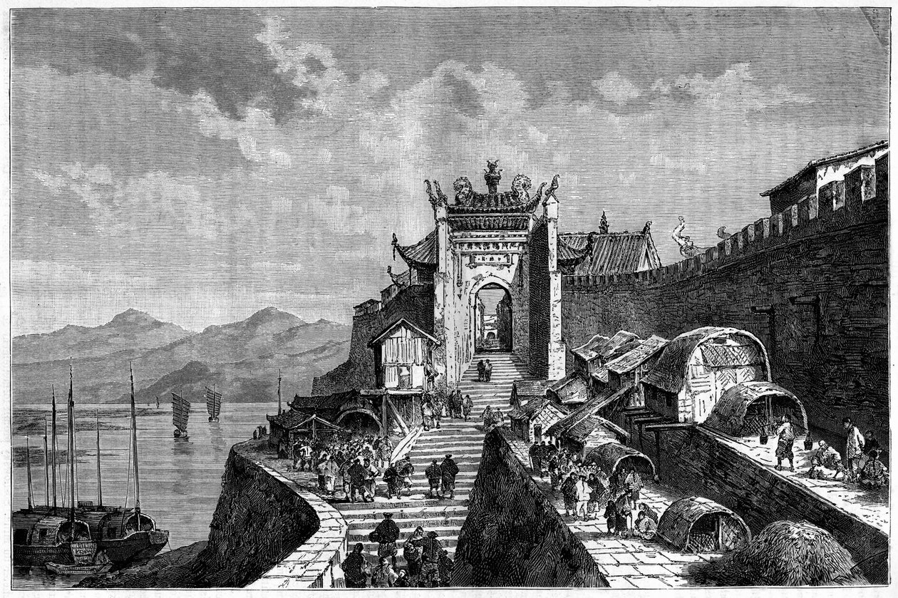 Kilátás a sanghaji kapura a Huangpu folyón, Kínában, 1870-1880 között. Metszet Weber rajza nyomán, a „Le Tour du Monde, Nouveau Journal des Voyages”-ben, szerkesztette Edouard Charton, Párizs alkotó: Theodore Weber