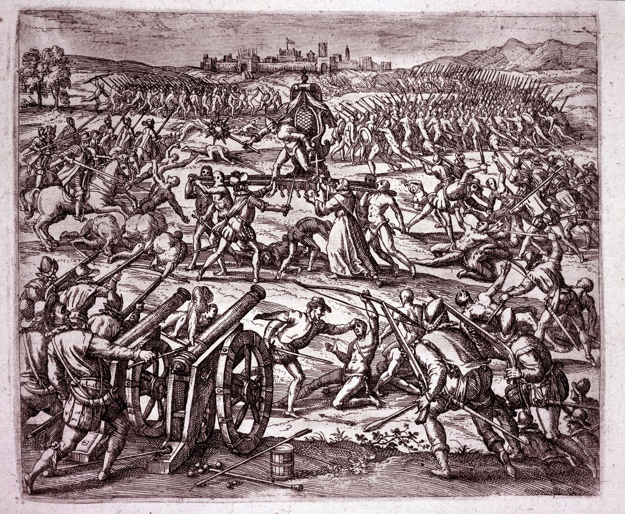 Egy domonkos szerzetes, aki úgy érzi, hogy Atahualpa (Atabaliba) inka király kigúnyolja, arra biztat Francisco Pizarrot, hogy álljon bosszút (metszet alkotó: Theodore de Bry