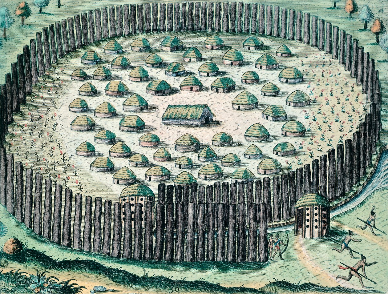 Egy megerősített indián falu, illusztráció a Floridai beszédből, Theodore de Bry, metszet alkotó: Theodore de Bry