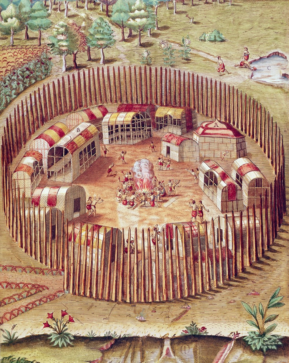 Egy pomeioki indián erődített falu, Admiranda Narratio illusztrációja, Theodore De Bry alkotó: Theodore de Bry