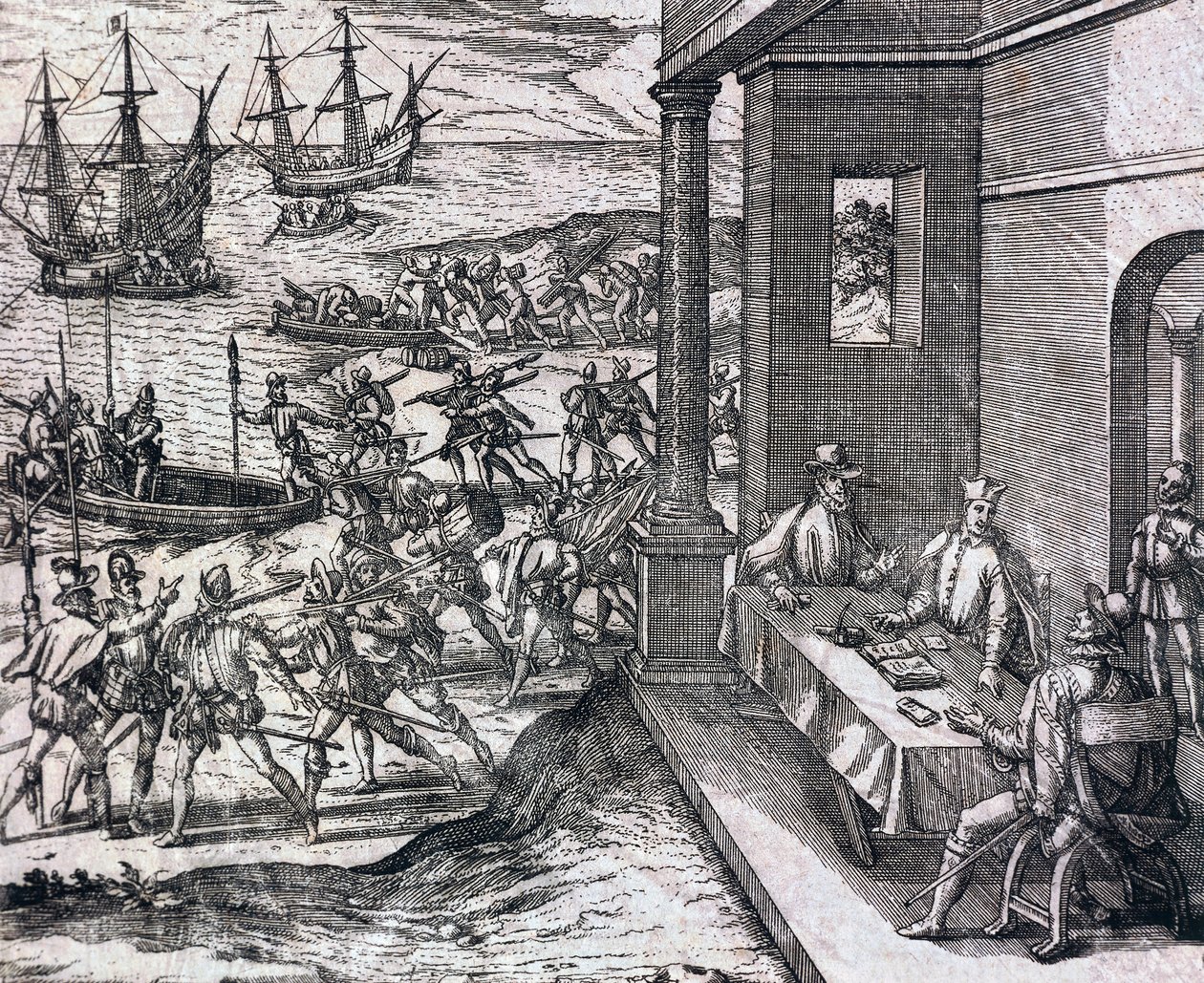 Megállapodás Francisco Pizarro, Diego de Almagro és Hernando de Luque között Peru felfedezéséről és kiaknázásáról alkotó: Theodore de Bry