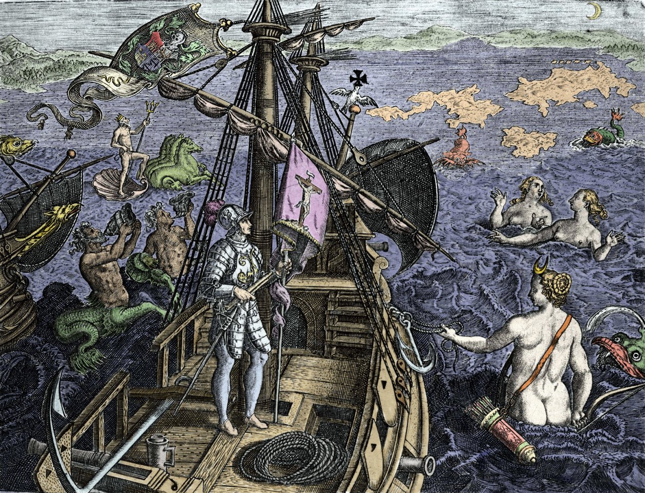 Allegorie des voyages de Christopher Columbus (1451-1506), metszet Theodor de Bry (1527-1598) "Historia Americae sive Novi Orbis" című művéből, Amszterdam 1594. alkotó: Theodore de Bry