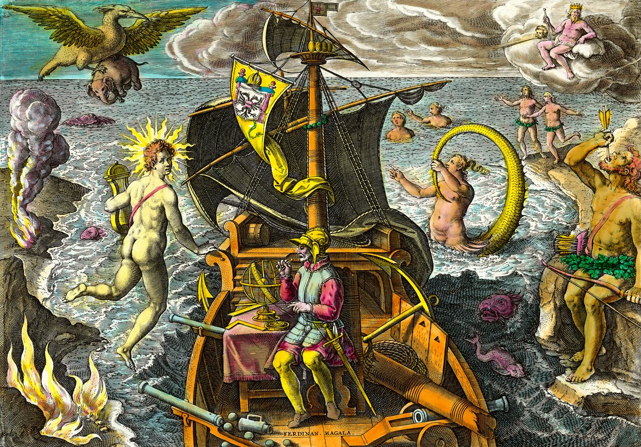 Fernand de Magellan (1480-1521) hajós allegóriája armilláris gömb segítségével ábrázolja a hajóját, mitológiai szereplőket és fantasztikus állatokat vesz körül. Metszet az „Admirante Narratio Americae”-ból, Theodore de Bry (1528-159) alkotó: Theodore de Bry
