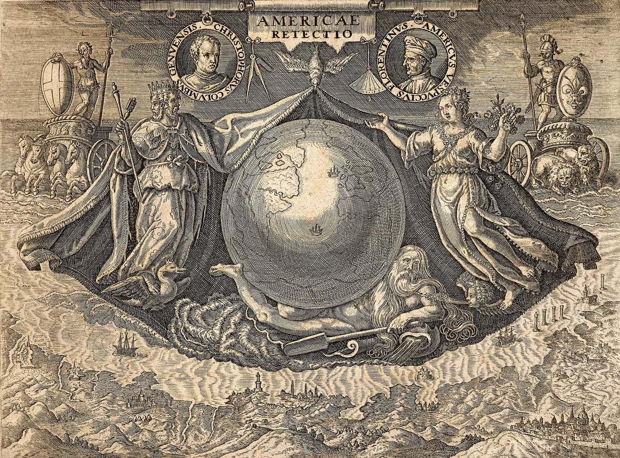 Nyugat-India vagy Amerika allegóriája Columbus Christopher és Amerigo Vespucci navigátorok portréival alkotó: Theodore de Bry