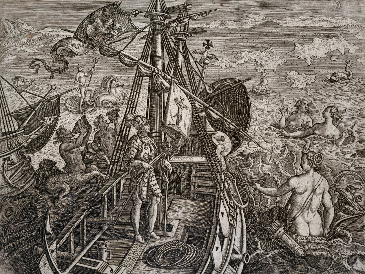Kolumbusz Kristóf utazásának allegóriája az Újvilág felfedezéséig, Theodor de Bry (1528-1598) metszete alkotó: Theodore de Bry