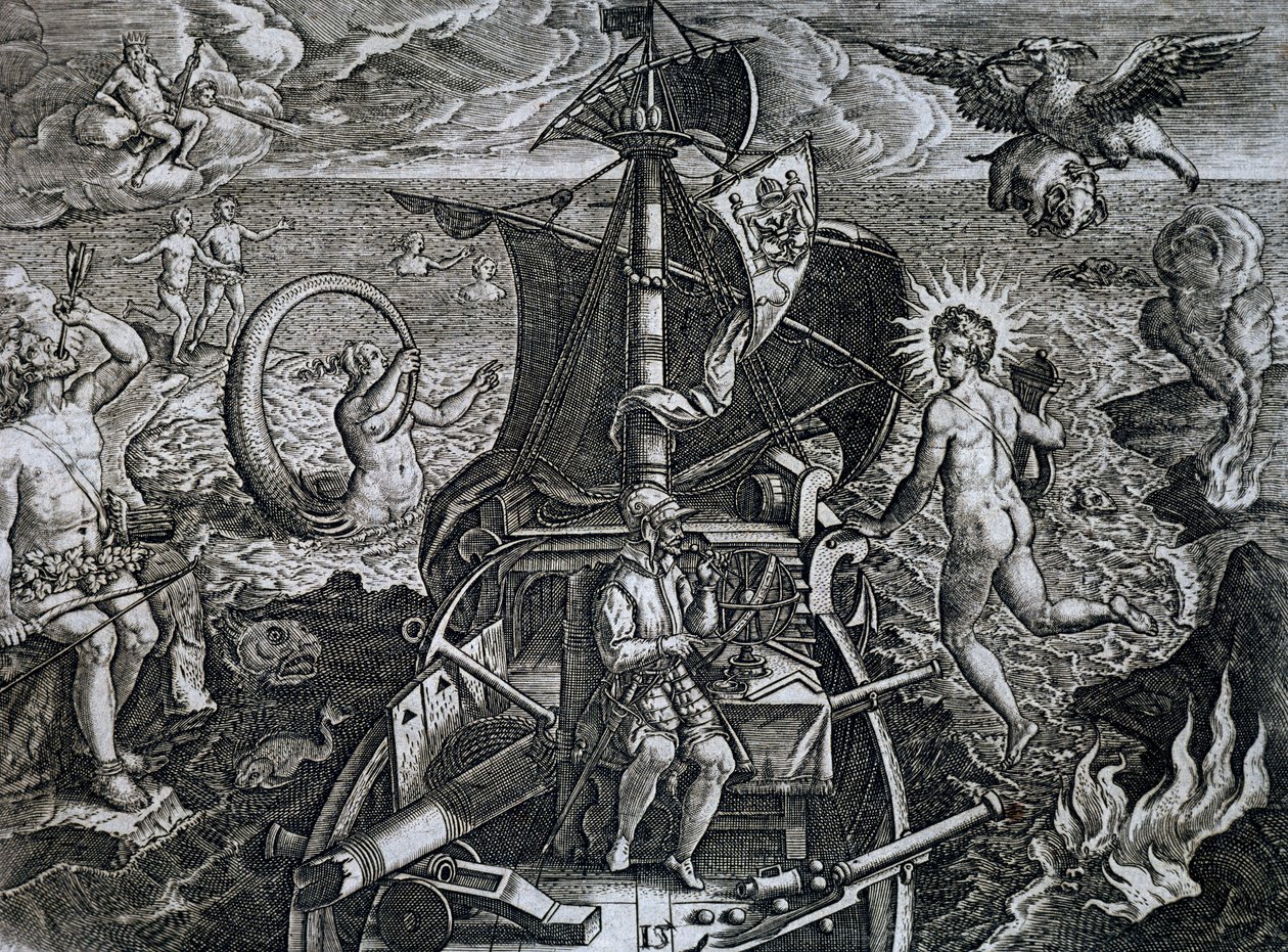Ferdinand Magellán (1480-1521) utazásainak allegóriája, Theodor de Bry (1528-1598) metszete alkotó: Theodore de Bry