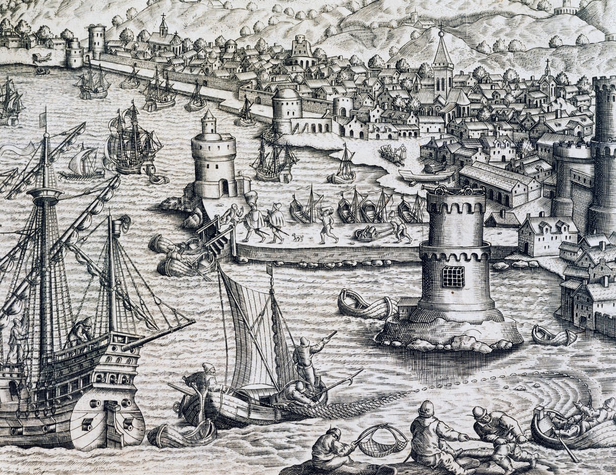 Girolamo Benzoni érkezése La Palma kikötőjébe, metszet a Historia Americae-ból, Theodor de Bry (1528-1598), Frankfurt alkotó: Theodore de Bry